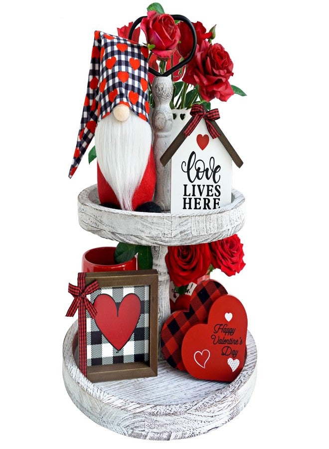 CRCZK Valentine's Day Tiered Tray Decor 5 Pcs Set with 1 Black and White Buffalo Check Gnome Plush 4 Wooden Signs Farmhouse Kitchen Decor for Red Valentine's Day and New Year's Day Decoration - Image 1